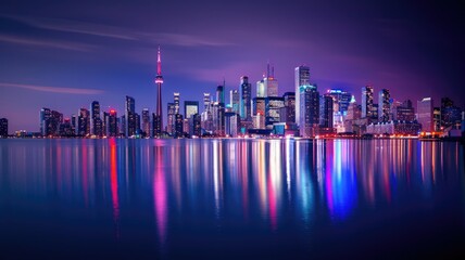 Illuminated skyline of Toronto over water - Vibrant panoramic night view of Toronto's illuminated skyline reflecting over calm waterfront, embodying urban life