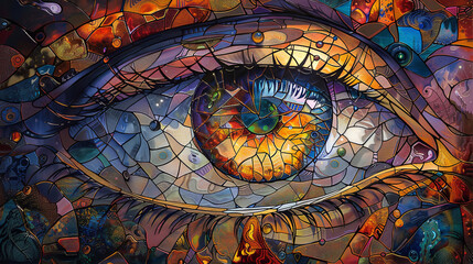 Obraz premium A close-up of a human eye portrayed in a colorful mosaic art style, depicting intricate patterns and vivid hues.