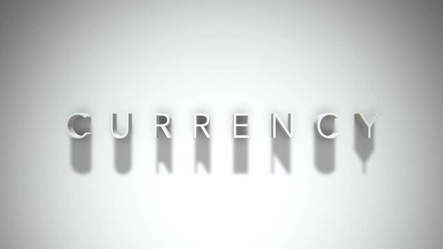Currency 3D title animation with shadows on a white background