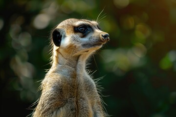 Fototapeta premium Meerkat standing alert in natural setting - An attentive meerkat stands on guard, its eyes watchful and body poised in a serene natural background