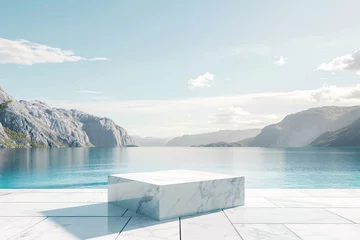 Foto op Plexiglas anti-reflex a white square platform with a body of water and mountains in the background © Doina