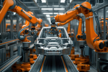 Assembling cars on an automobile production line that uses high tech robots is common practice in auto industry AI Generative