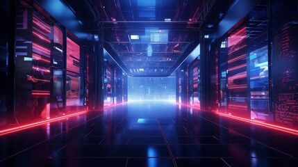 Futuristic Data Center with Glowing Neon Lights and Server Racks