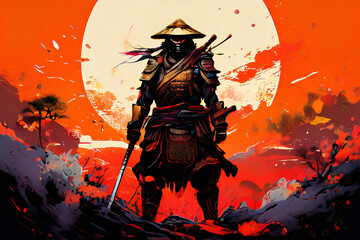 Silhouette of a ancient samurai warrior in the style of concept art with heavy brushstrokes and vibrant color splashes.