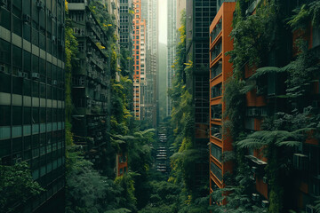 An imaginative collage weaving together diverse elements of urban life – towering skyscrapers, bustling city streets, and snippets of vibrant greenery, AI generated - obrazy, fototapety, plakaty
