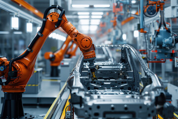 On modern automobile production high tech assembly line, robots assemble cars at auto industry factory AI Generative - obrazy, fototapety, plakaty