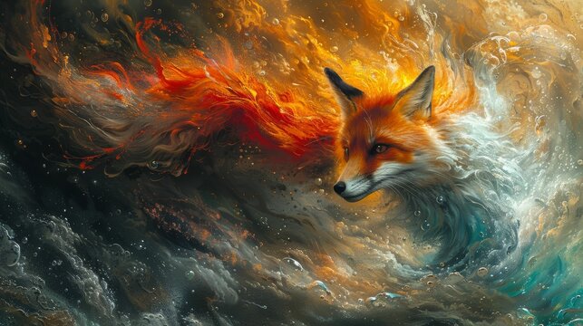 A fox is depicted in a painting with a fiery tail and a blue
