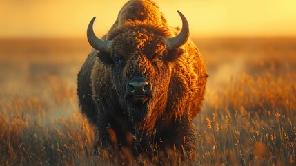 A buffalo is standing in a field with its horns raised