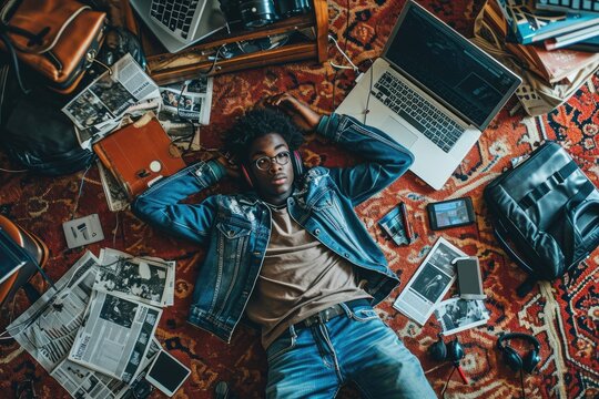 The top view of picture that about young african american human laying down and listening to the music and focused in the full of the thought and music with room that surrounded with devices. AIGX03.