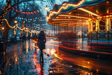 A dazzling display as the carousel spins, its lights blur into streams amid festive city lights