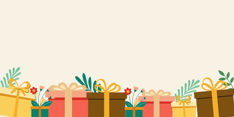 Holiday background with gift boxes. Vector illustration in flat style.