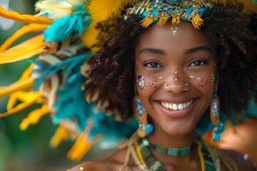 Close-up of young woman with a beaming smile adorned with carnival feathers and glitter makeup, expressing joy and festivity
