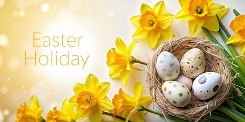 Easter eggs in nest with narcissus flowers on yellow background, top view. AI generated