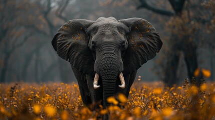 A large elephant is standing in a field of yellow flowers