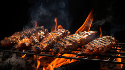 Outdoor barbecue, charcoal grill with roasted beef - 769059402