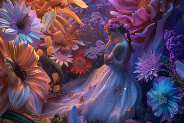 Enchanted Garden Collage: oversized flowers, enchanted keys, and fairy-tale creatures coexist in harmony, AI generated - obrazy, fototapety, plakaty