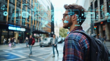 Young Man Using Augmented Reality Glasses in Urban Setting