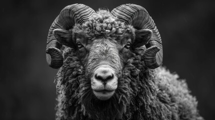 A ram with large horns is staring at the camera - obrazy, fototapety, plakaty