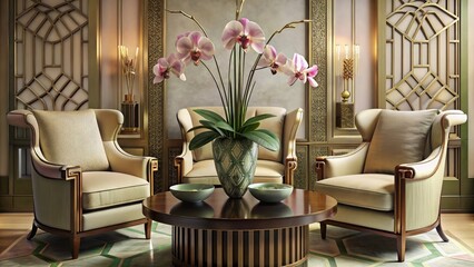 A luxurious interior with chairs, a coffee table and an orchids. Interior design concept.