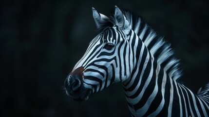 A zebra is standing in the dark with its head up