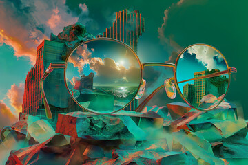 A surreal combination of crumbling pince-nez, smeared with glasses, neon light, technology and green sea, this collage pays homage to iconic style, AI generated