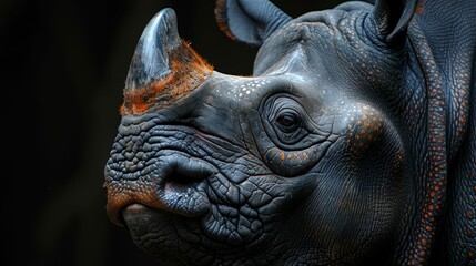 Fototapeta na wymiar A rhino with a black face and orange spots