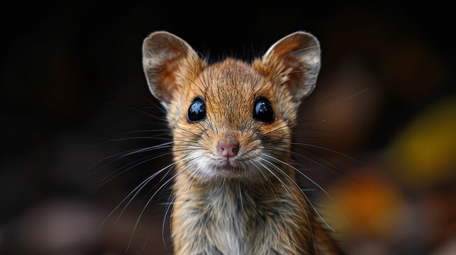 A small brown mouse with big eyes stares at the camera