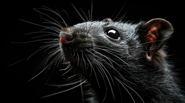 A black rat with a black nose and black whiskers
