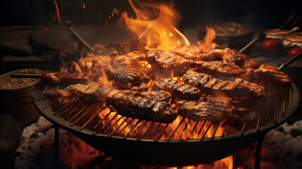 Outdoor barbecue, charcoal grill with roasted beef