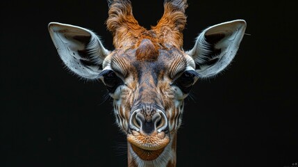 A giraffe with brown spots on its face is looking at the camera