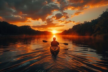 A peaceful scene of a person kayaking on a still lake, with the dramatic backdrop of a fiery sunset
