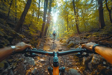 Action-packed mountain biking in a lush forest, from a first-person perspective as the biker navigates through nature's obstacles