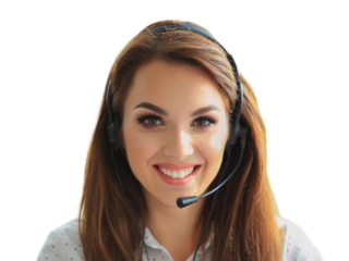 Portrait of happy smiling female customer support phone operator on transparent 