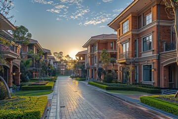 Obraz premium A serene sunrise view over luxurious suburban homes, highlighting wealth and comfort