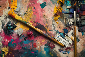 The artistic synergy of this vibrant collage lies in the harmonious combination of abstract watercolor palettes, sculpting tools, calligraphy pens, AI generated