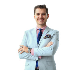 Happy business man with arms crossed on transparent
