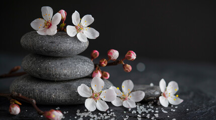 Fototapeta na wymiar A pile of zen stones balanced with some flowers and water