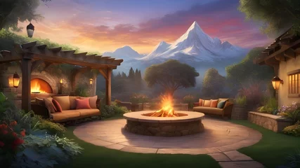 Keuken spatwand met foto illustration vignette of a cozy outdoor space with elements such as a fire pit, pergola, and garden bed against the backdrop of a snowy mountain view and romantic sky colors. ai generated © LordOttori