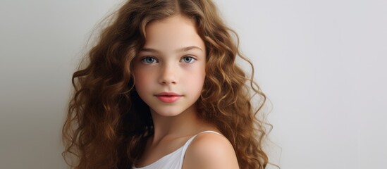 Young girl with beautiful long curls captured in a close-up shot, showcasing her natural hair texture and style - obrazy, fototapety, plakaty