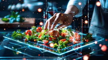 Poster Chef Garnishing a High-Tech Meal With Digital Interface © Prostock-studio