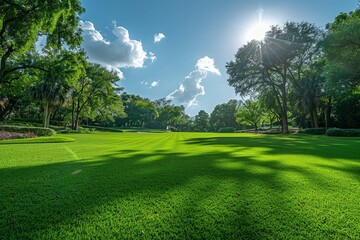 Obraz premium A tranquil scene capturing the sun's rays peeking through lush trees, casting vivid shadows on a well-maintained park lawn with flowers