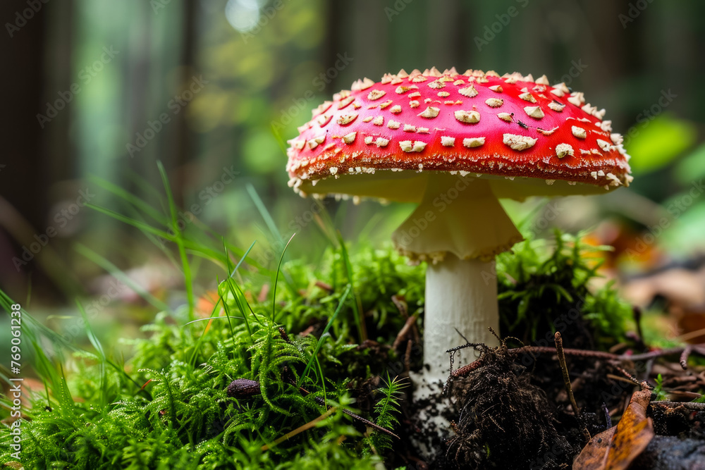Poster fly agaric in the forest. background with selective focus and copy space
