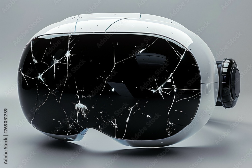 Poster broken virtual reality glasses with cracks. background with selective focus and copy space