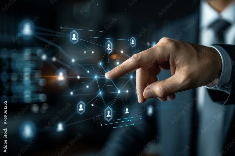 Aufkleber a man is pointing at a screen with a network of people on it