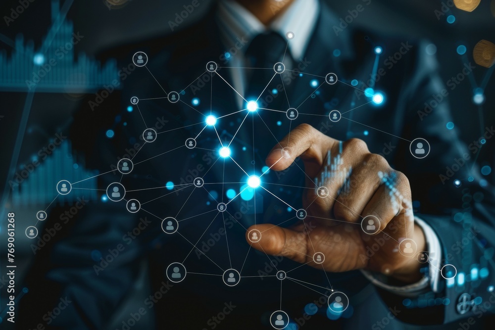 Aufkleber a man is pointing at a network of people on a computer screen