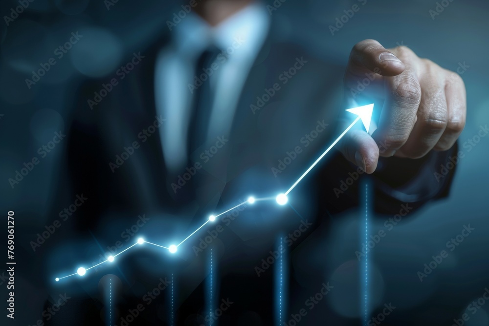 Poster a man in a suit is pointing to a graph with a blue arrow