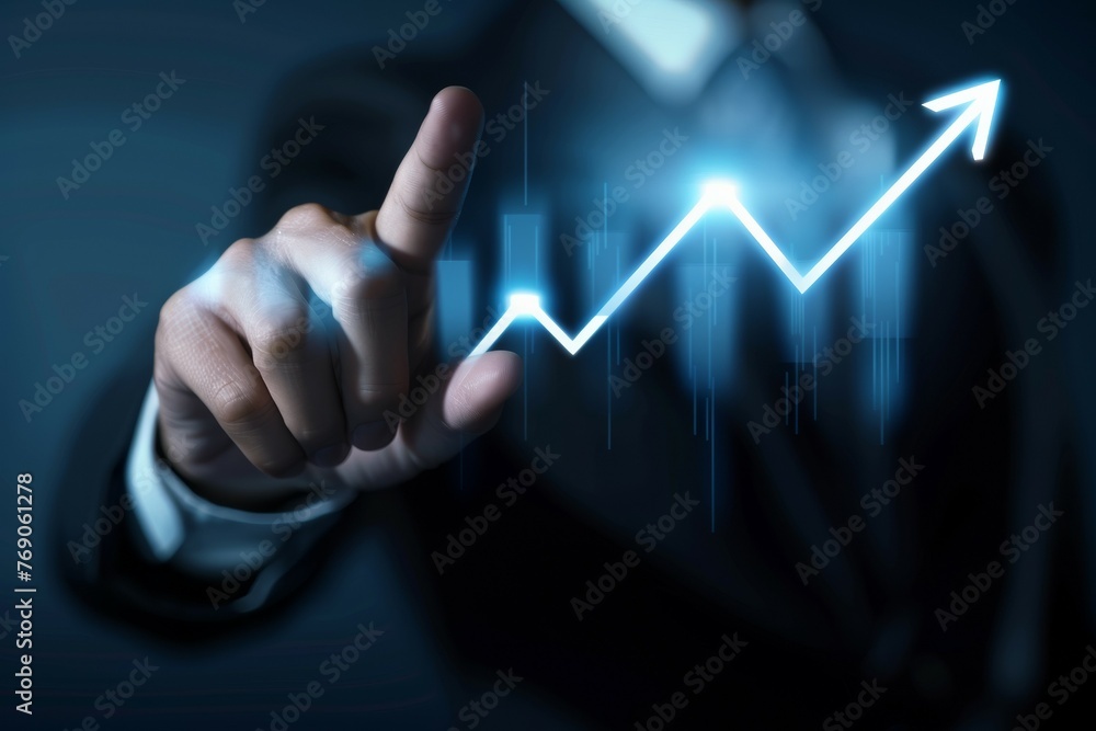 Poster a man is pointing at a graph with an arrow on it
