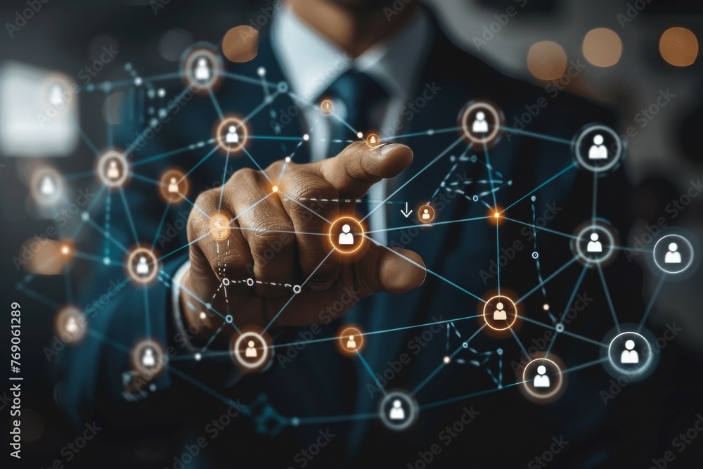 Poster a man is pointing at a network of people on a computer screen