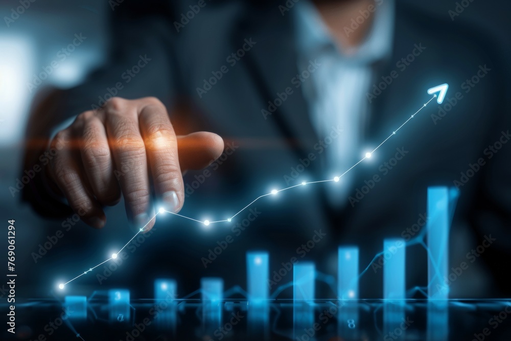 Poster a man is pointing at a graph with a blue arrow