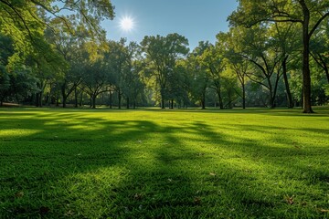 Naklejka premium A lush, serene park bathed in sunlight, casting long tree shadows on a vibrant green grass field